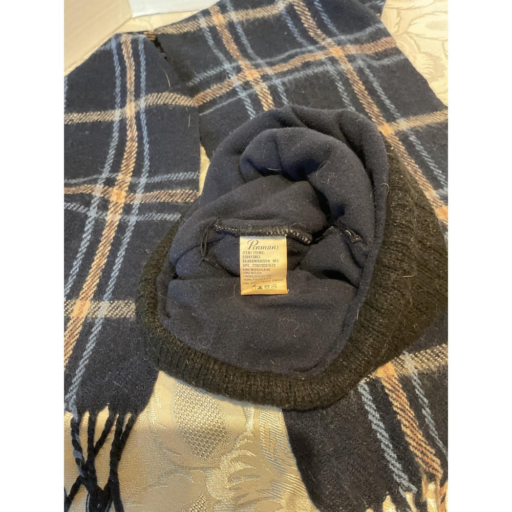 Penmans Winter Scarf Hat Gloves Set Mens OS Blue Black Excellent Wool Plaid - Picture 2 of 3